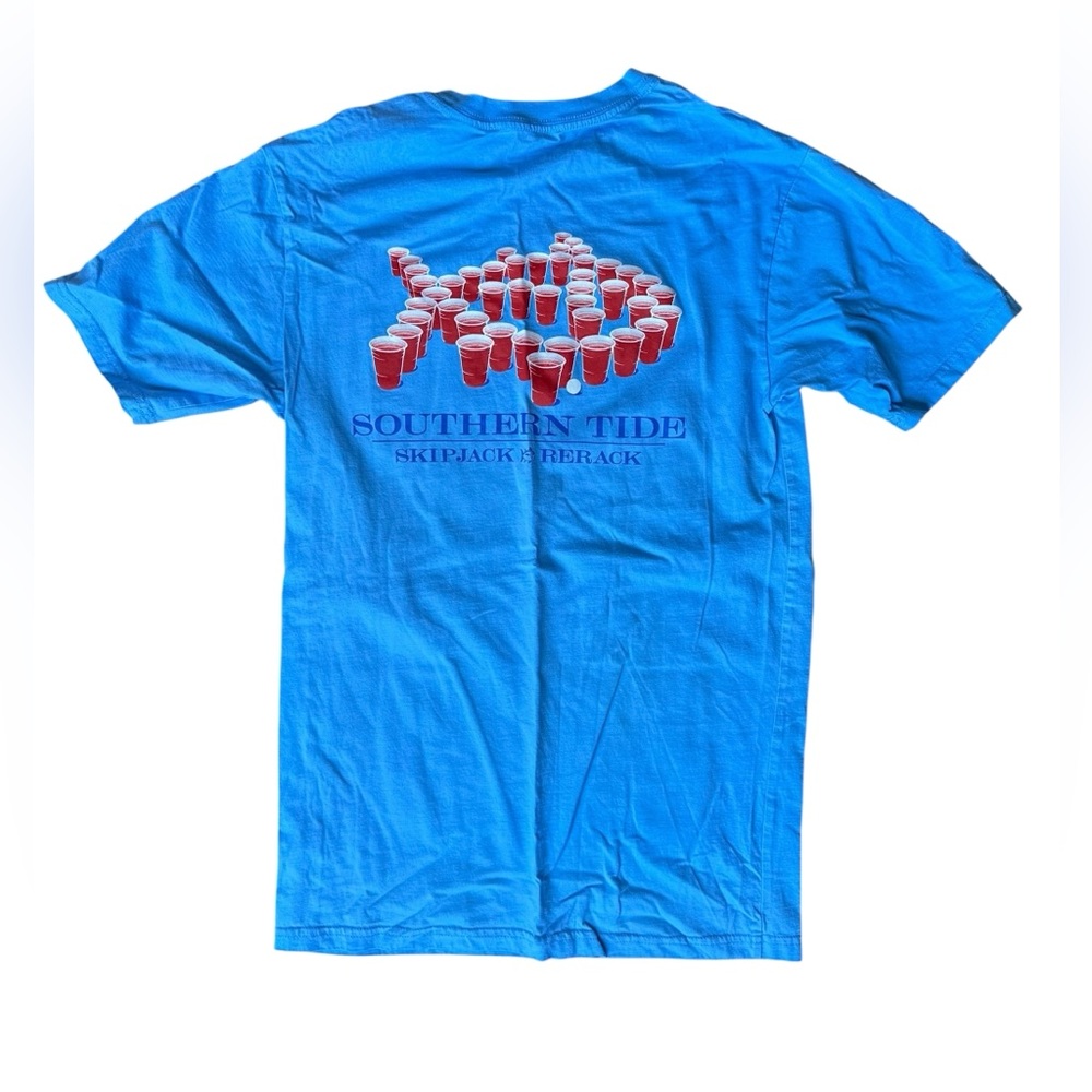 Southern Tide Blue Short Sleeve Tee with Red Cup Fish Graphic